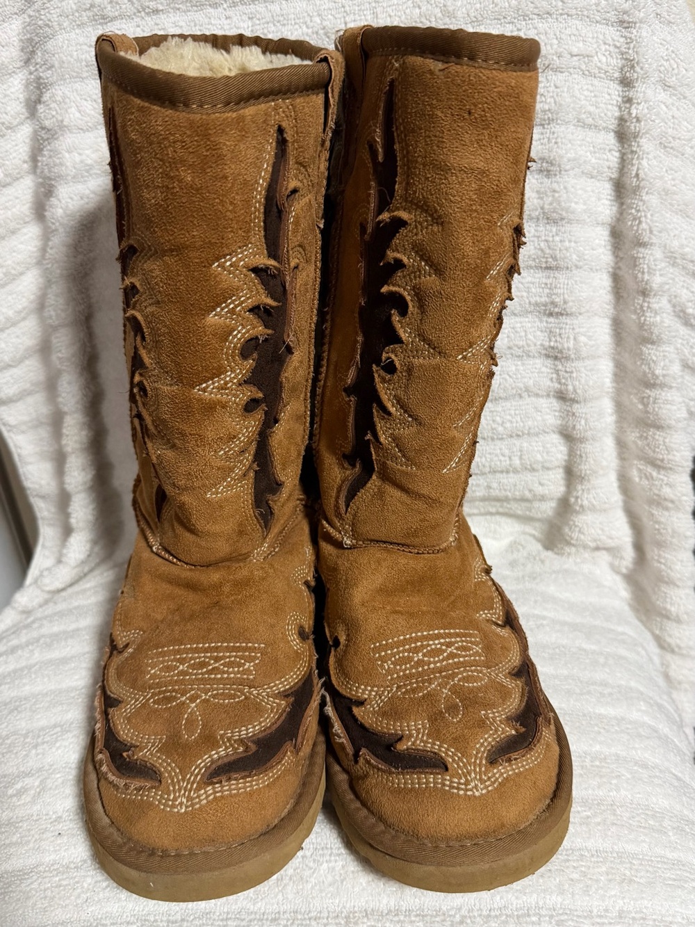 Montana West Brown Suede Western Cowgirl Embroidered Faux Fur Lined Boots Size 8